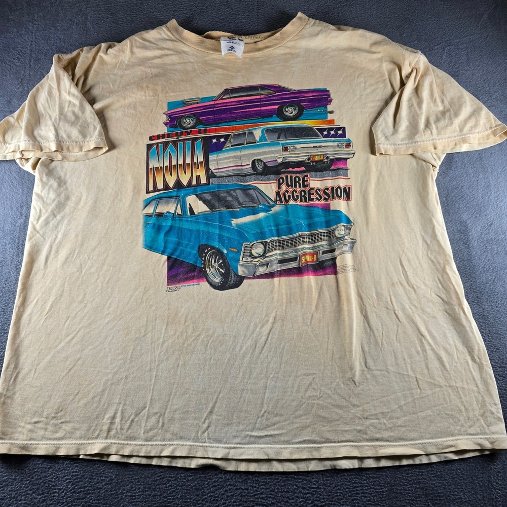 Vintage 1995 Chevy II Nova Pure Aggression Jerzees T-Shirt Tan 2XL Muscle Car